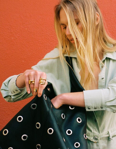 Schwarzes Leder Hobo Tasche maxi &Ouml;sen Design Gr&ouml;&szlig;e L Damen - IKKS