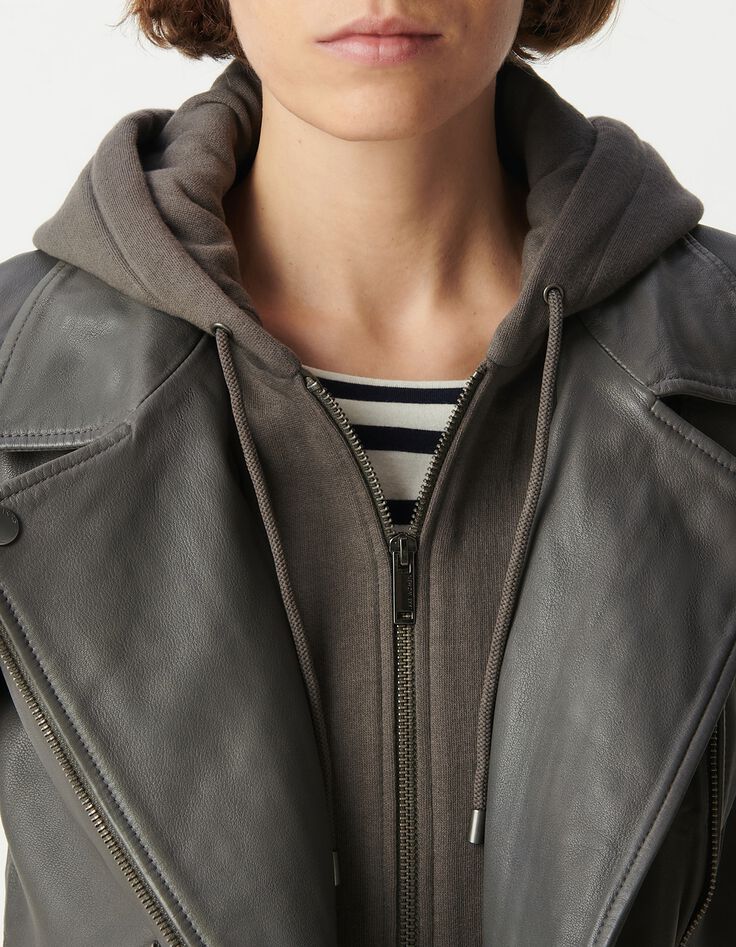 Blouson gris cuir esprit motard parementure-4