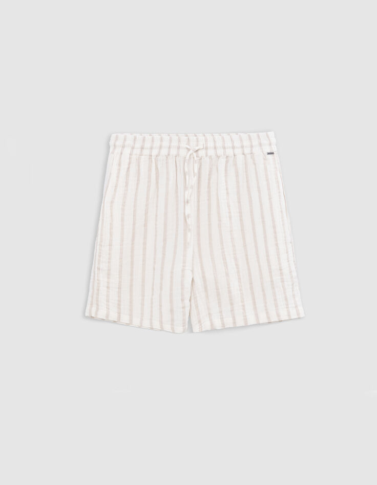 Short &eacute;cru gaze de coton rayures beiges Femme-5