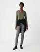 Women's khaki sequined braided neck T-shirt-1