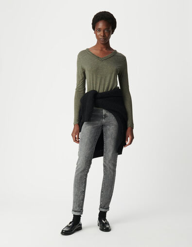 Women's khaki sequined braided neck T-shirt - IKKS