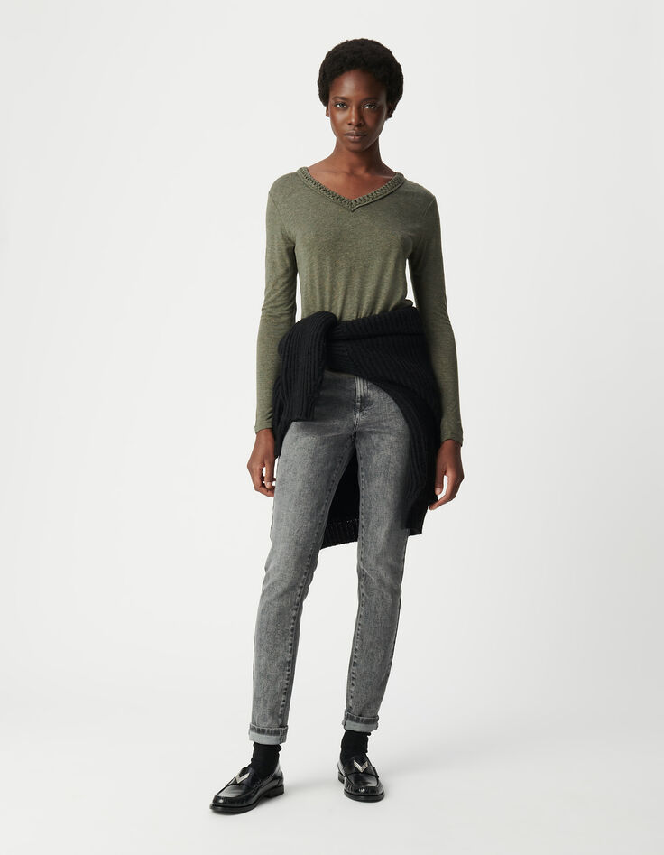 Women's khaki sequined braided neck T-shirt-1