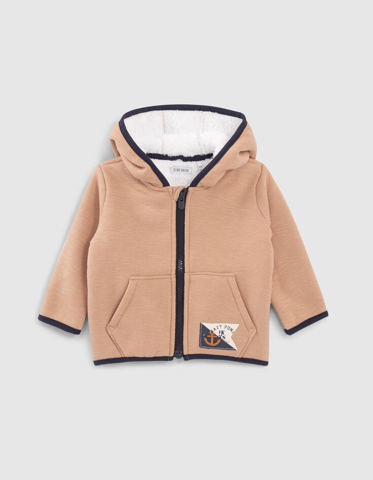 Cardigan beige contrecollé Sherpa à capuche garçon-1