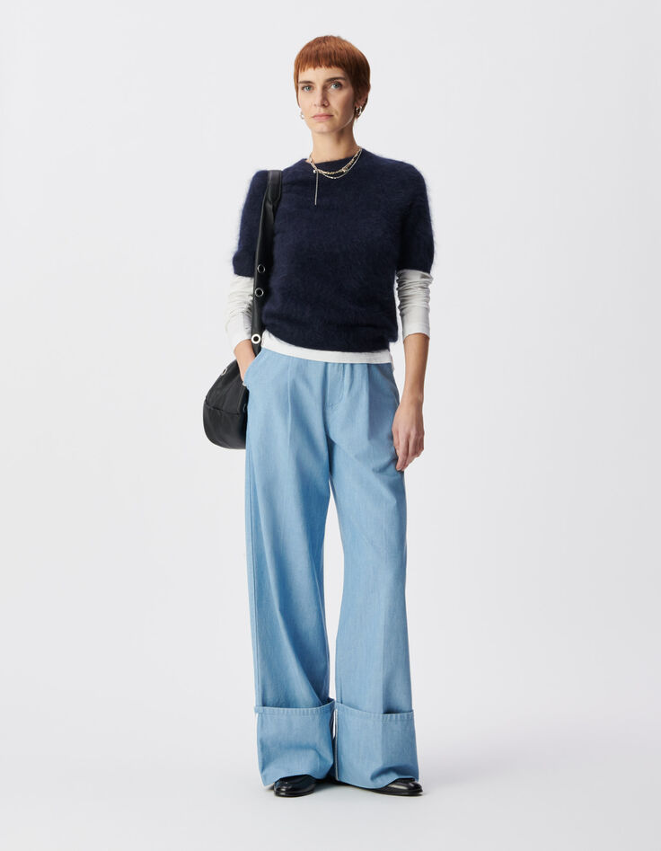 Dames blauw broekpak van biologisch katoen met brede revers-1