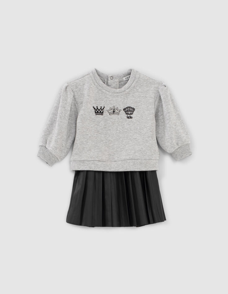 Robe grise bi-matière avec jupe plissée bébé fille-1