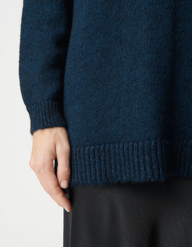 Women's navy rib-knit turtleneck sweater with lurex trim-6