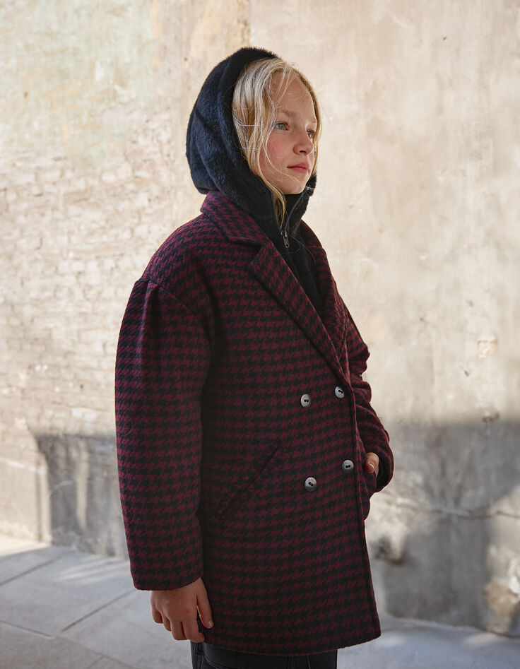Girls’ black check coat with hooded facing-8
