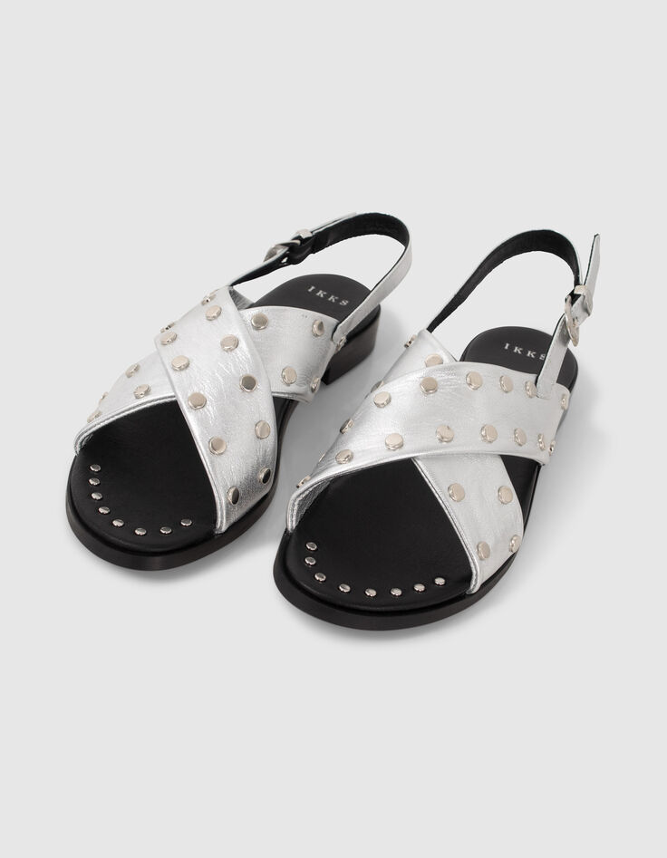 Sandalias planas cuero silver tachuelas mujer-2