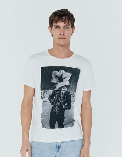 Herren-T-Shirt in Off White, Rocker-Blumen-Motiv, Bio - IKKS