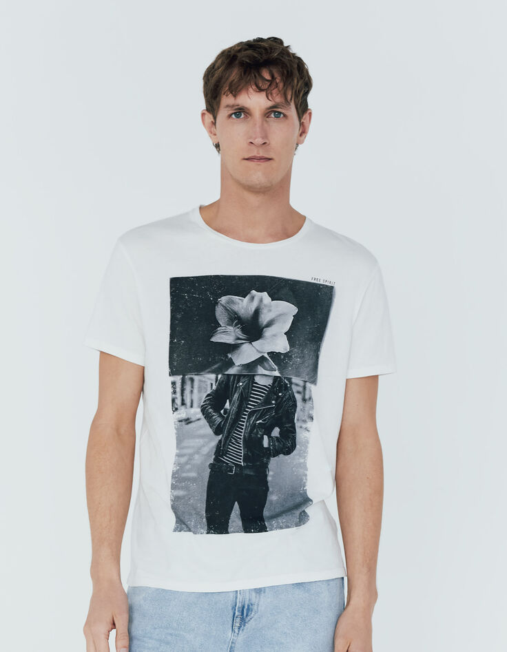 Herren-T-Shirt in Off White, Rocker-Blumen-Motiv, Bio-1