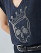 Tee-shirt marine pailleté brodé tête de mort Femme-3