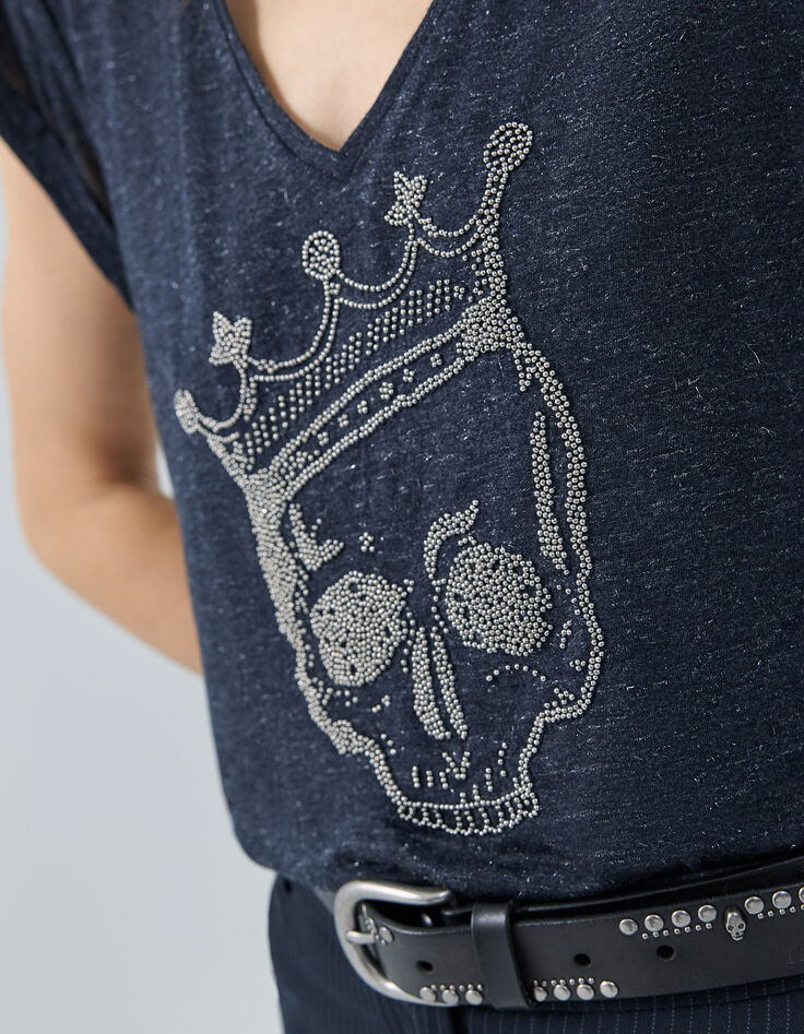 Tee-shirt marine pailleté brodé tête de mort Femme-3