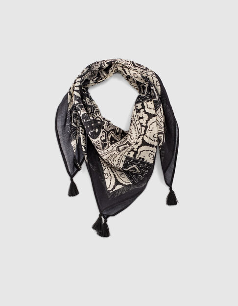 Women’s black & white scarf print fine scarf with tassels