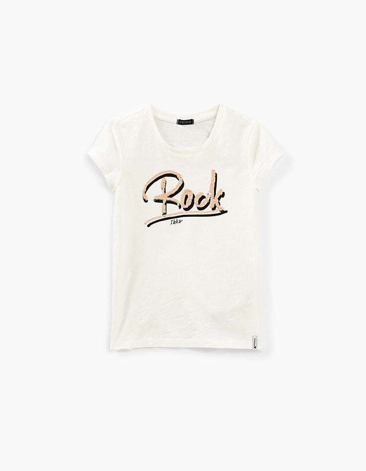 Girls’ off-white T-shirt with reversible sequin slogan-2