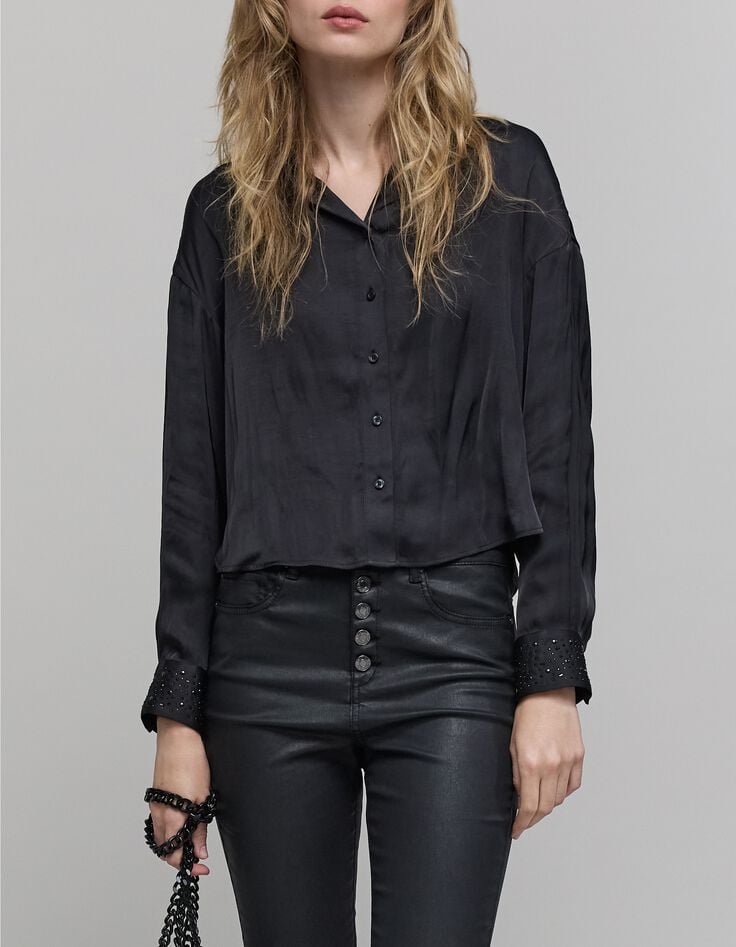 Camisa de mujer de satén negro cuello y puños de strass-2 Camisa de mujer de satén negro cuello y puños de strass-2