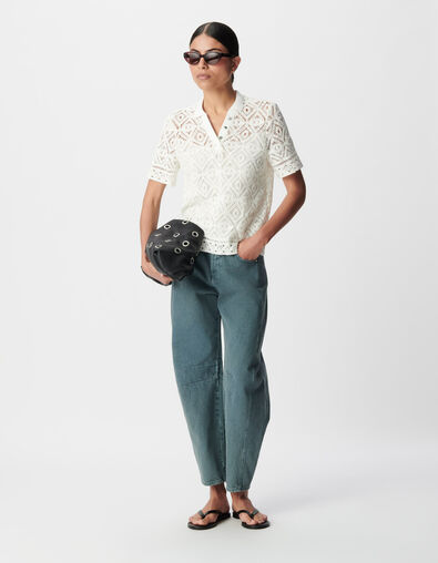 Top blanc tricot crochet col polo Femme - IKKS