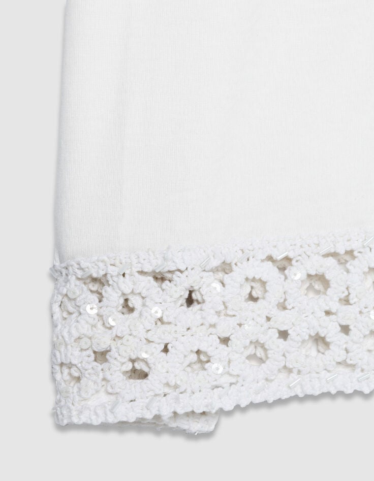 Tee-shirt col rond blanc d&eacute;tail crochet et sequins Femme-7