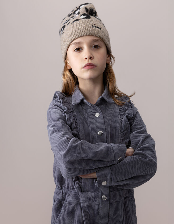 Girls’ beige knit beanie with leopard motif-2