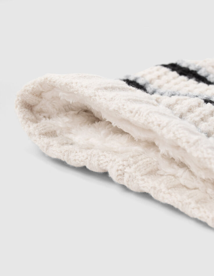 Cremeweiße Mädchenstrickmütze mit Lurex und Streifen-5