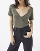 Women’s khaki button-neck T-shirt with chest pocket detail-1
