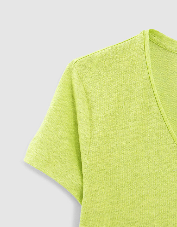 Minzgrünes Damen-T-Shirt, V-Ausschnitt, Leinenjersey-3