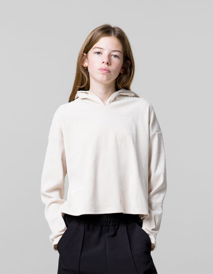 Beigefarbenes Mädchen-T-Shirt mit Kapuze aus Rippstrick-2