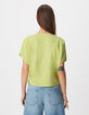 Tee-shirt col V vert &agrave; message Femme-3