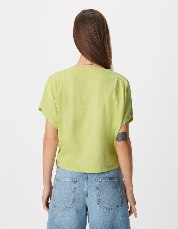 Tee-shirt col V vert &agrave; message Femme-3