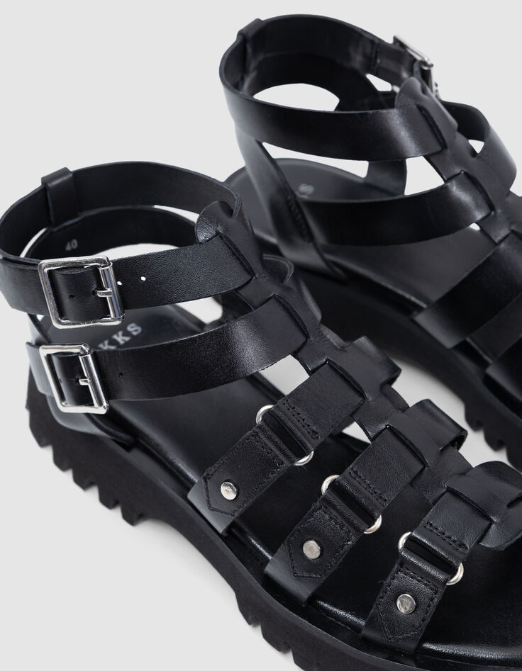 Sandales spartiate noires cuir Femme-5