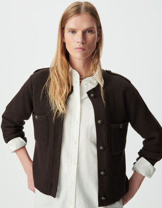 Cardigan court marron tricot côtelé
