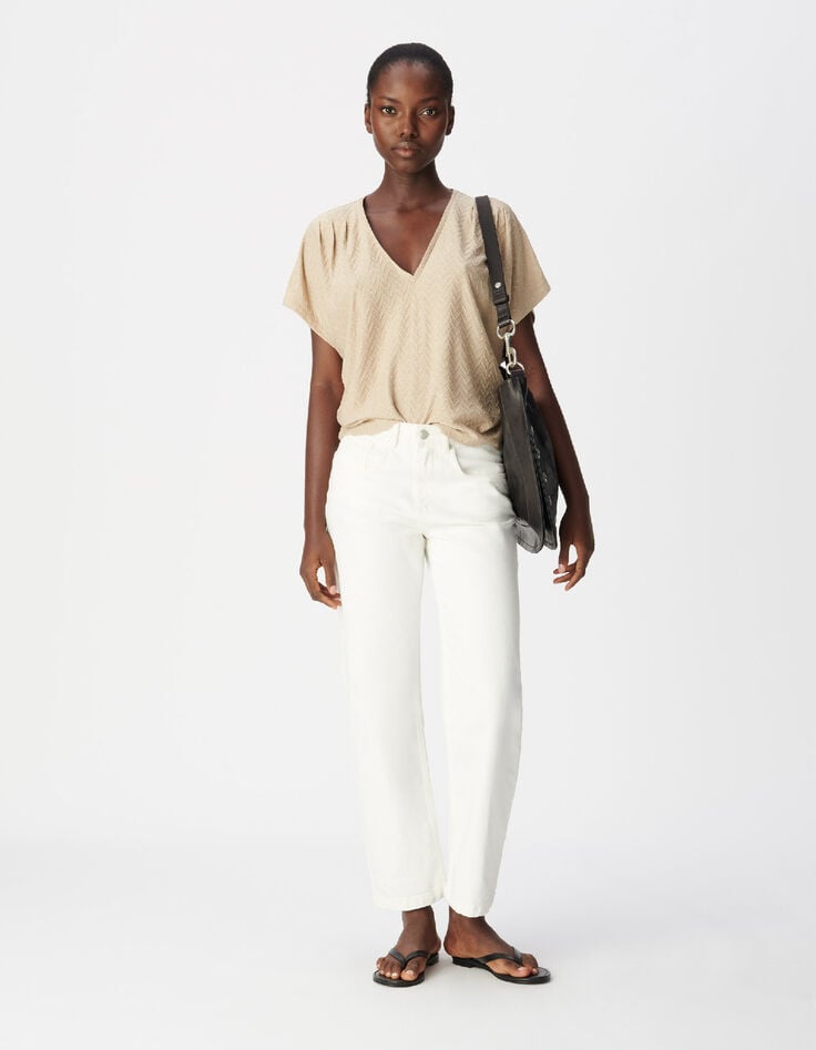 Vrouwen-T-shirt met V-hals en soepelvallende pasvorm in goudkleurig visgraatpatroon-2