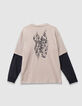 Camiseta beige algodón mangas trampantojo niño-6