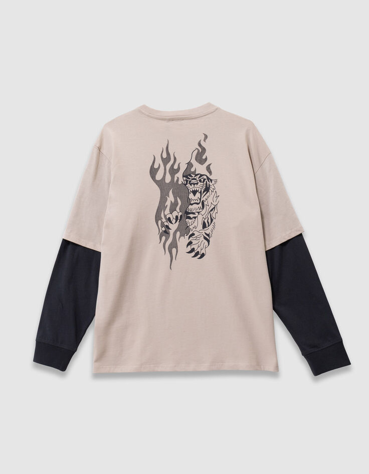 Camiseta beige algodón mangas trampantojo niño-6