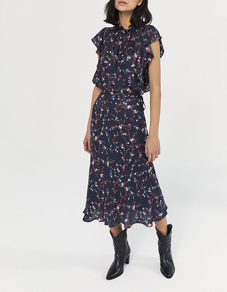Falda midi viscosa seda flores cerezo mujer-2