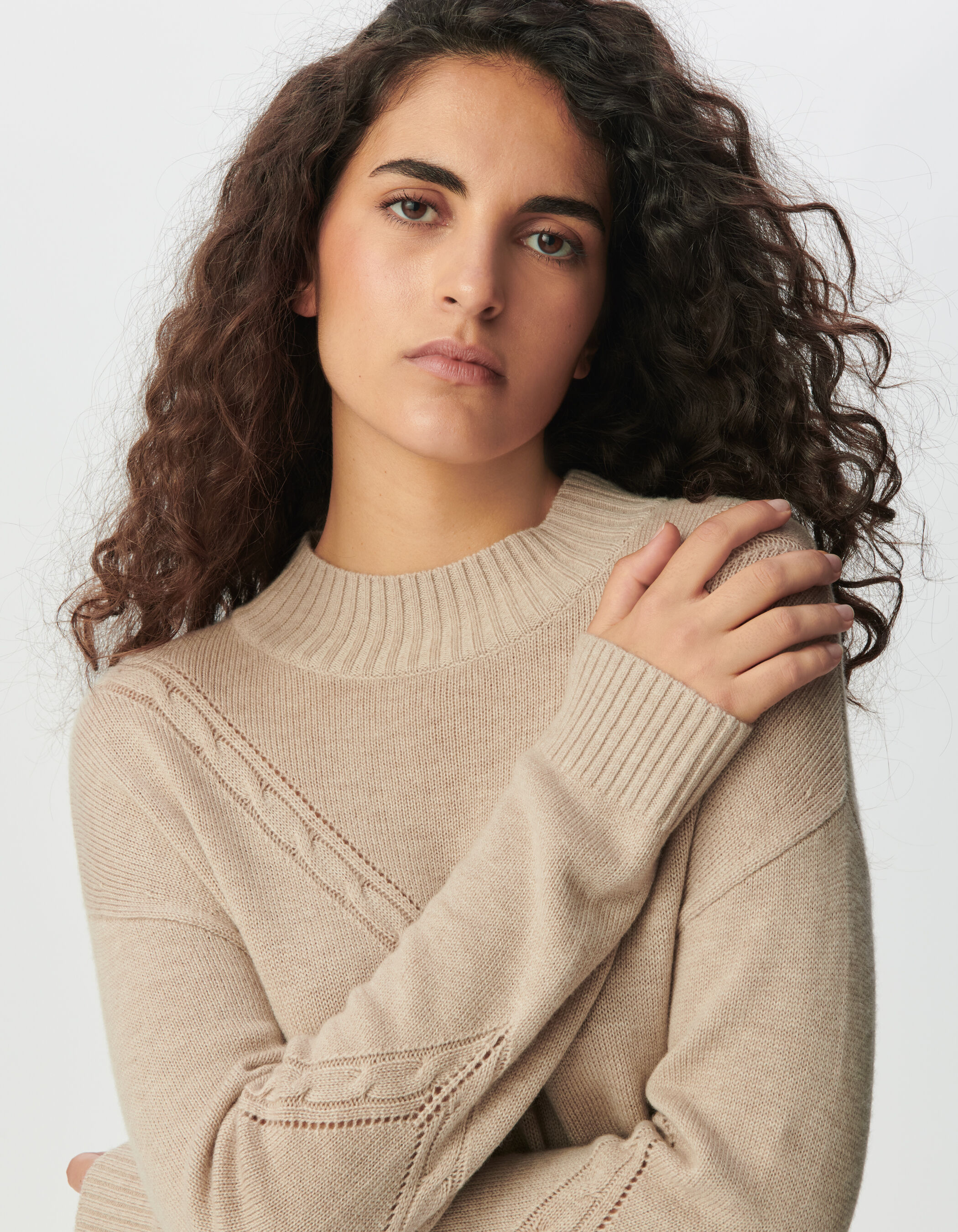 Women's beige sweater dress with placed cable knit IKKS