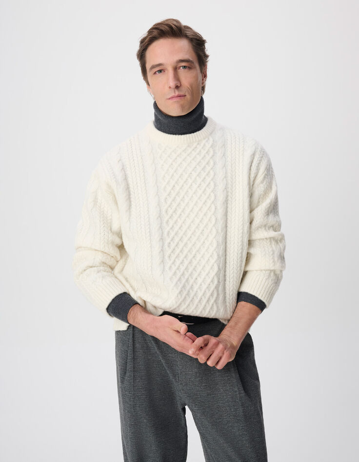 Men's White Crew-Neck Sweater with Cable Knit Pattern-2