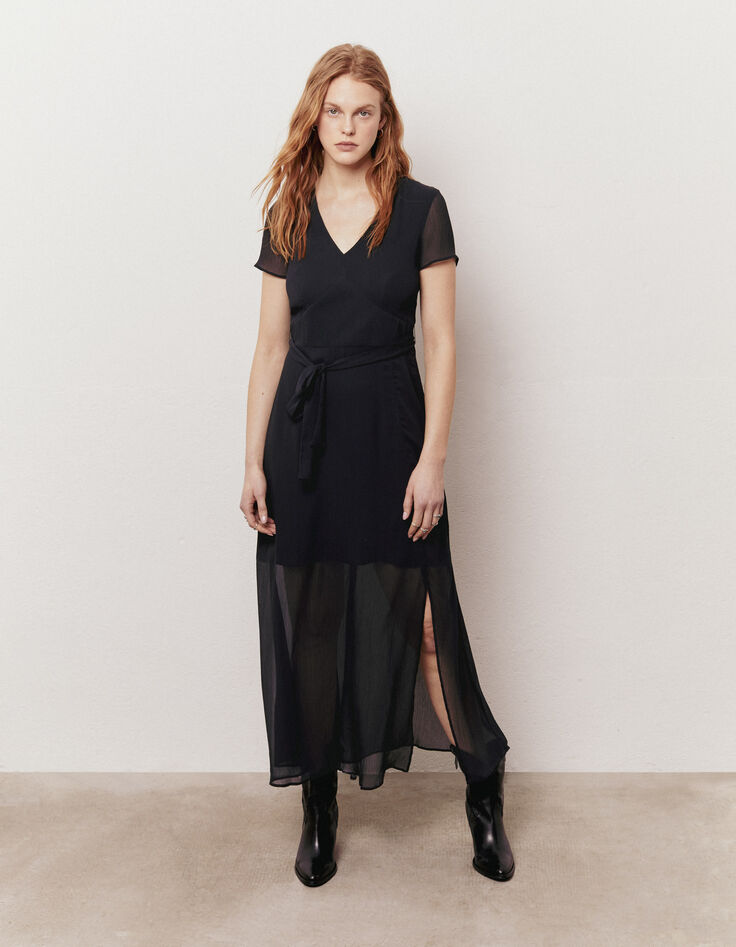 Women’s navy blue recycled crepe voile long dress-2 Women’s navy blue recycled crepe voile long dress-2