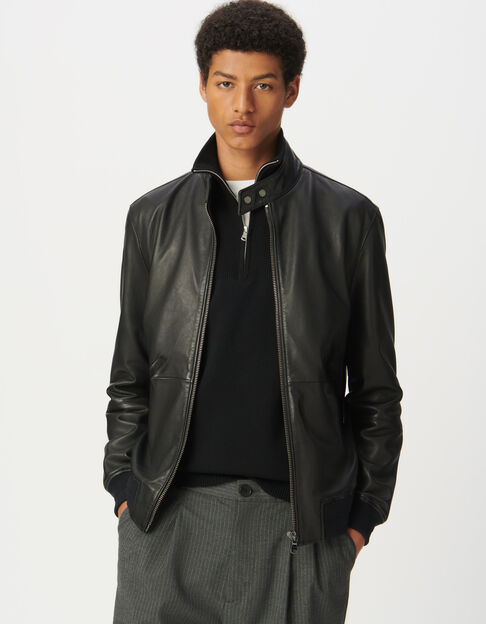 Blouson noir en cuir avec bords-côtes Homme - IKKS
