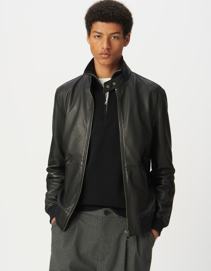 Blouson noir en cuir avec bords-côtes Homme-1 Blouson noir en cuir avec bords-côtes Homme-1