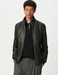 Blouson noir en cuir avec bords-côtes Homme-1 Blouson noir en cuir avec bords-côtes Homme-1