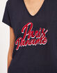 Tee-shirt col V en lin marine message flocage velours femme-4
