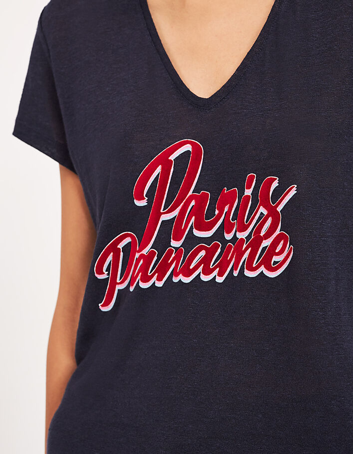 Tee-shirt col V en lin marine message flocage velours femme - IKKS