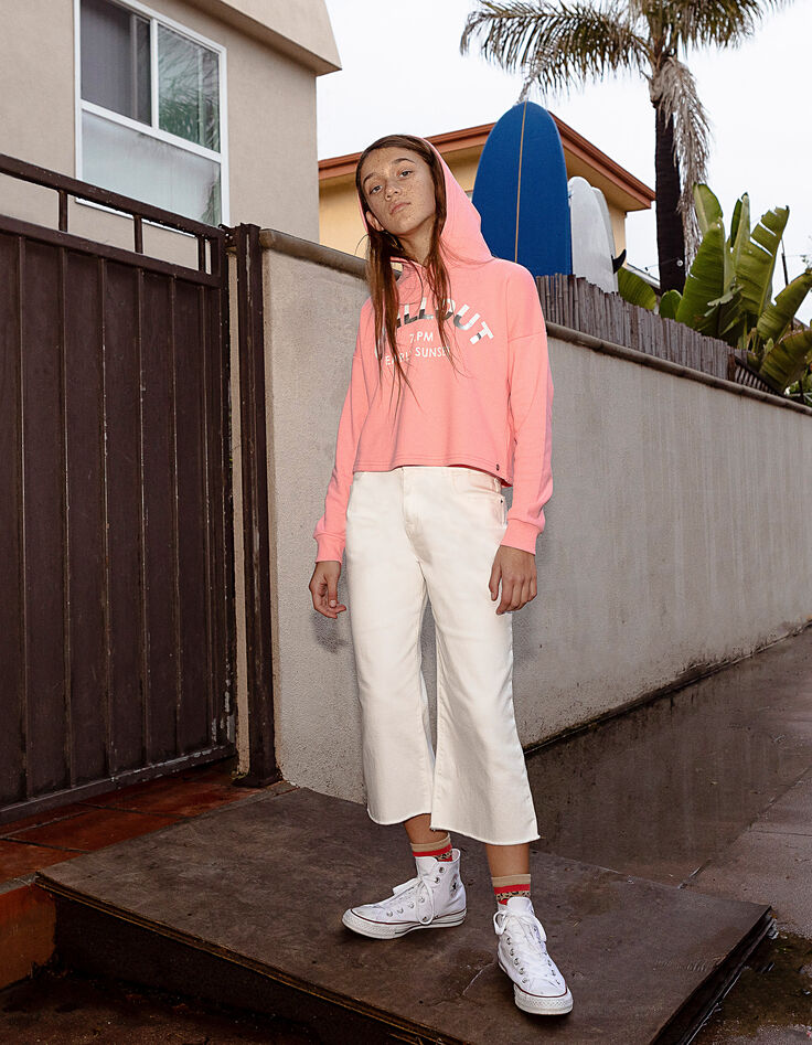 Jean flare cropped blanc cassé frangé fille-1
