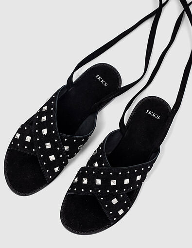 Women's black studded leather flat laced sandals - IKKS