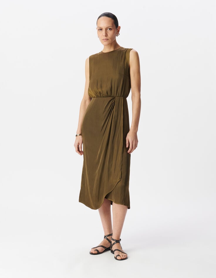 Khaki fließender Damen-Midikleid recycelter Polyester-1 Khaki fließender Damen-Midikleid recycelter Polyester-1