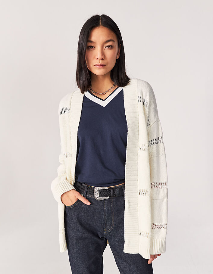 Lange Damenstrickjacke mit Streifen aus Fallmaschen-1