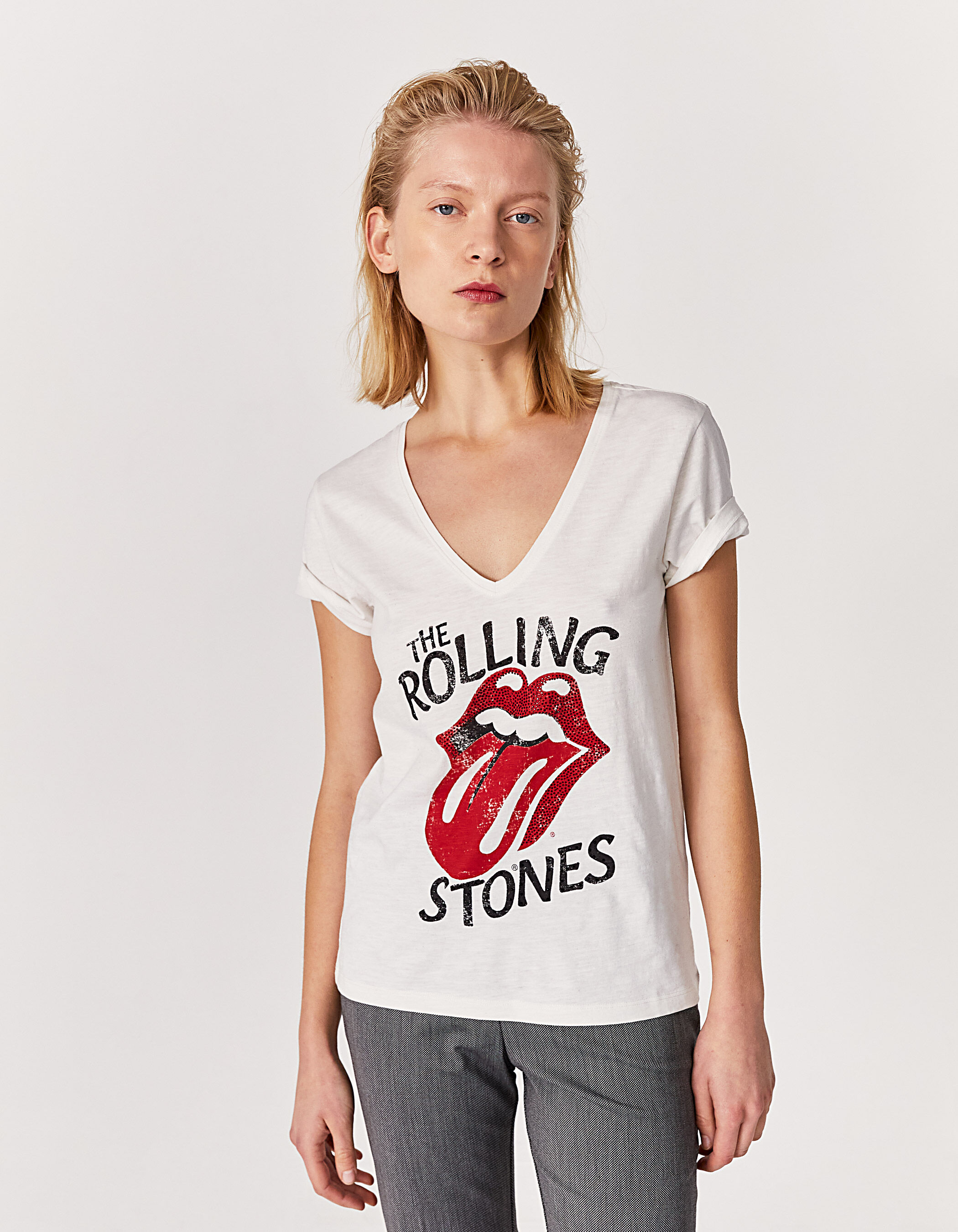 Rolling Stones slub cotton V-neck T-shirt
