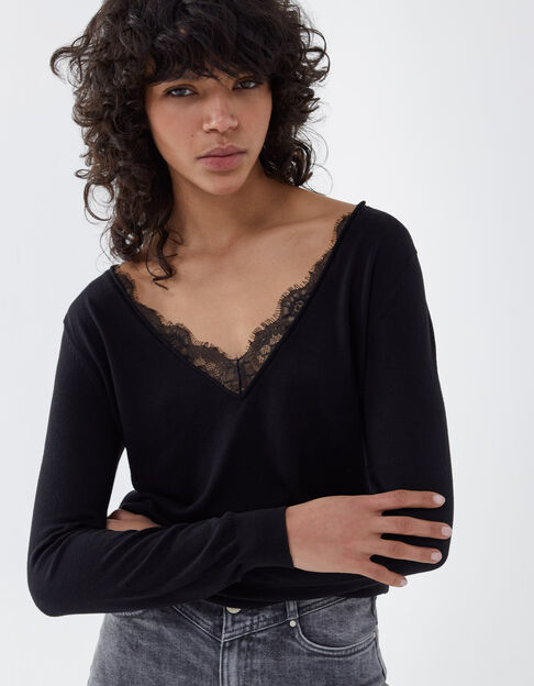 Jersey negro punto tricot cuello pico encaje mujer