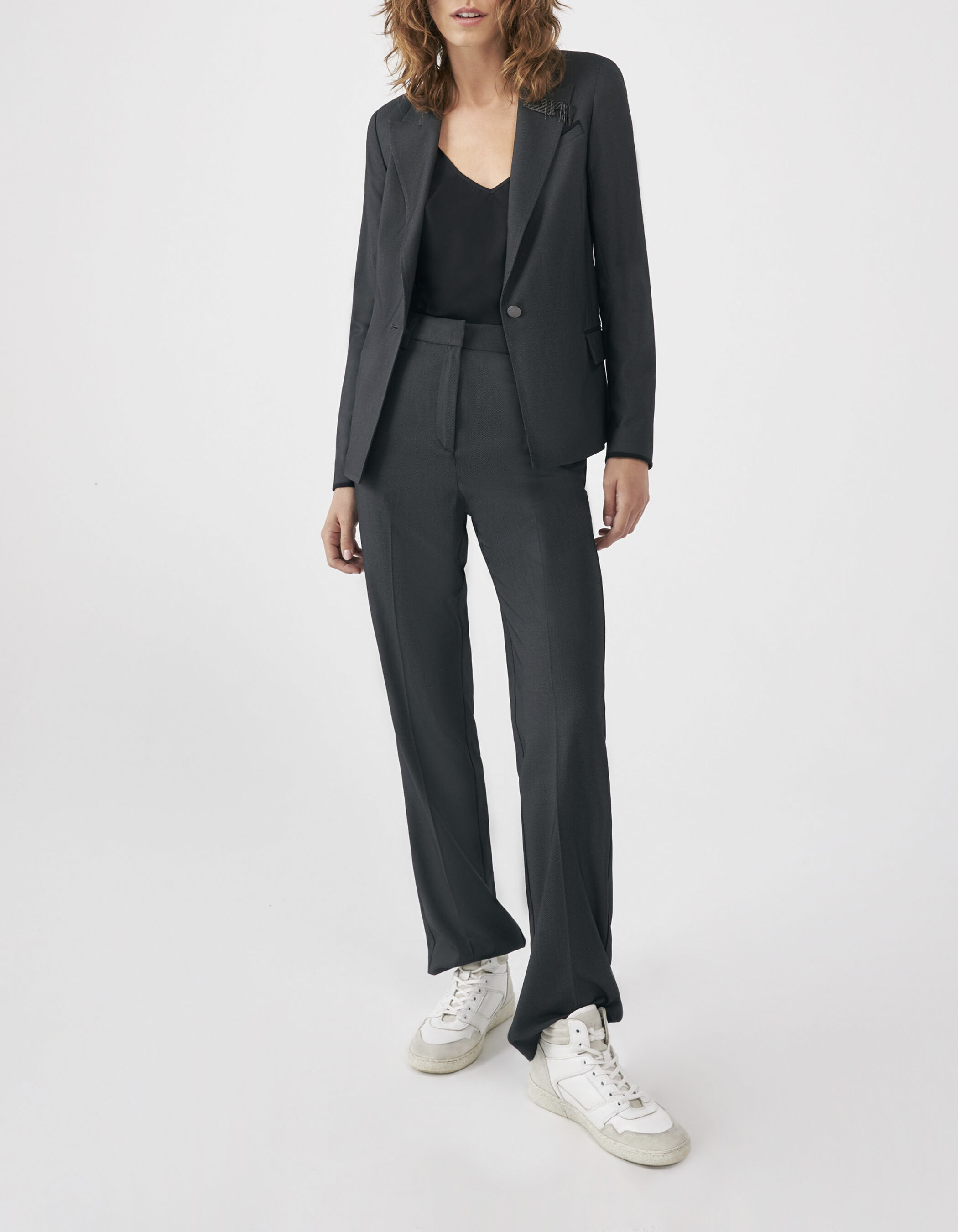 Veste de tailleur noire jacquard faux uni Femme