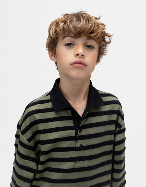 Khaki Langarm-Jungenpoloshirt schwarze Veloursstreifen - IKKS